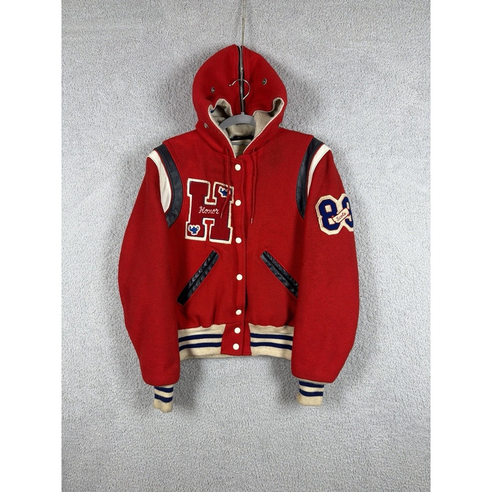 Vintage 80s DeLong Red Wool Varsity Letterman‎ Jacket Hooded Youth 18 USA Made